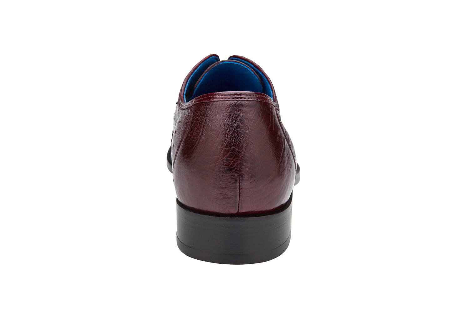 A side view of the Belvedere - Orlando dress shoe, crafted with genuine ostrich quill in antique dark burgundy and featuring a sleek leather sole, displayed on a white background.