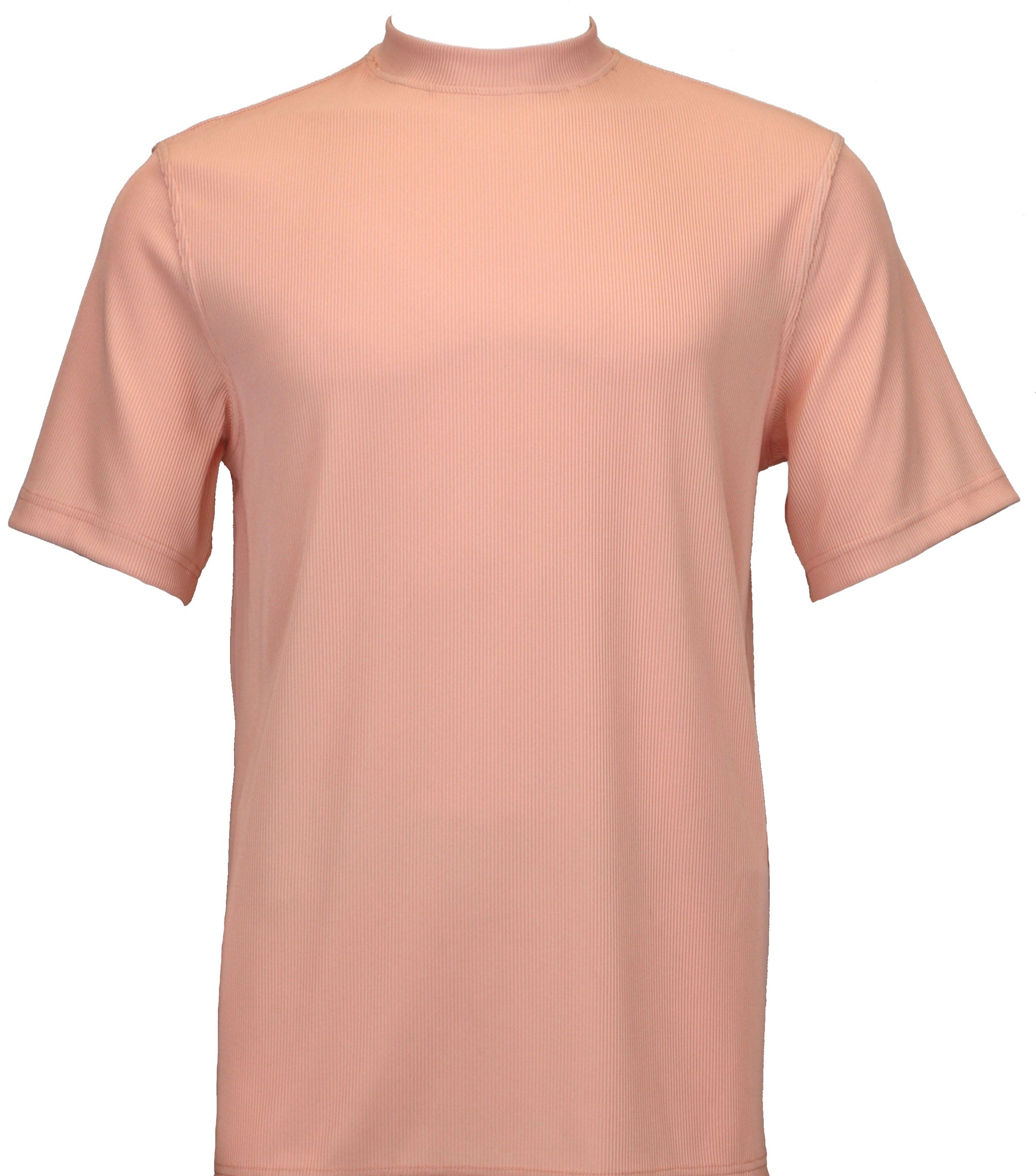 The Bassiri S/S Mock-Neck Peach T-Shirt 218 provides a comfortable fit with its peach hue, beautifully highlighted against a white background.