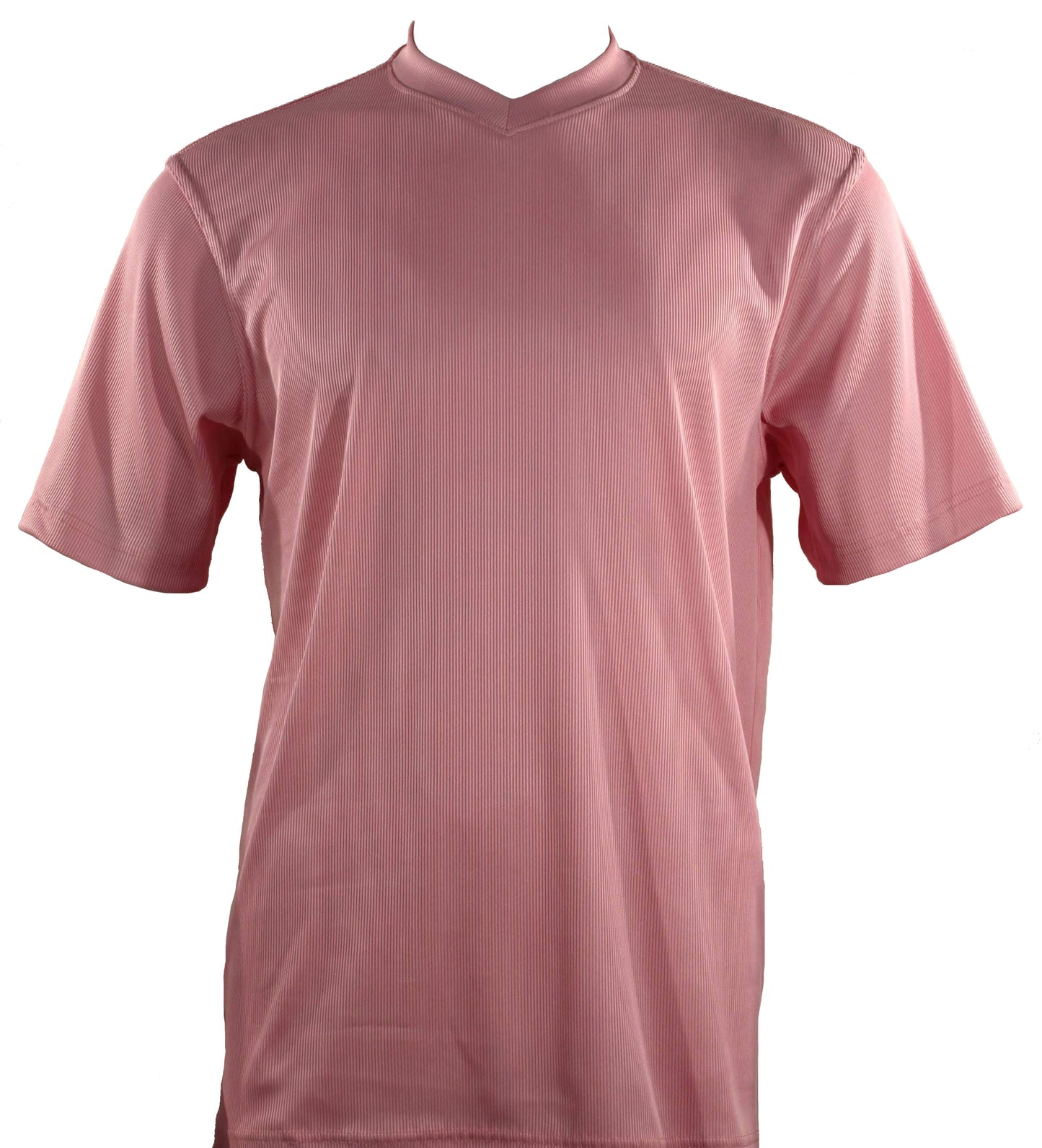 Introducing the Bassiri S/S V-Neck Pink T-Shirt 219, a short-sleeve shirt made from a soft and breathable microfiber-spandex blend.