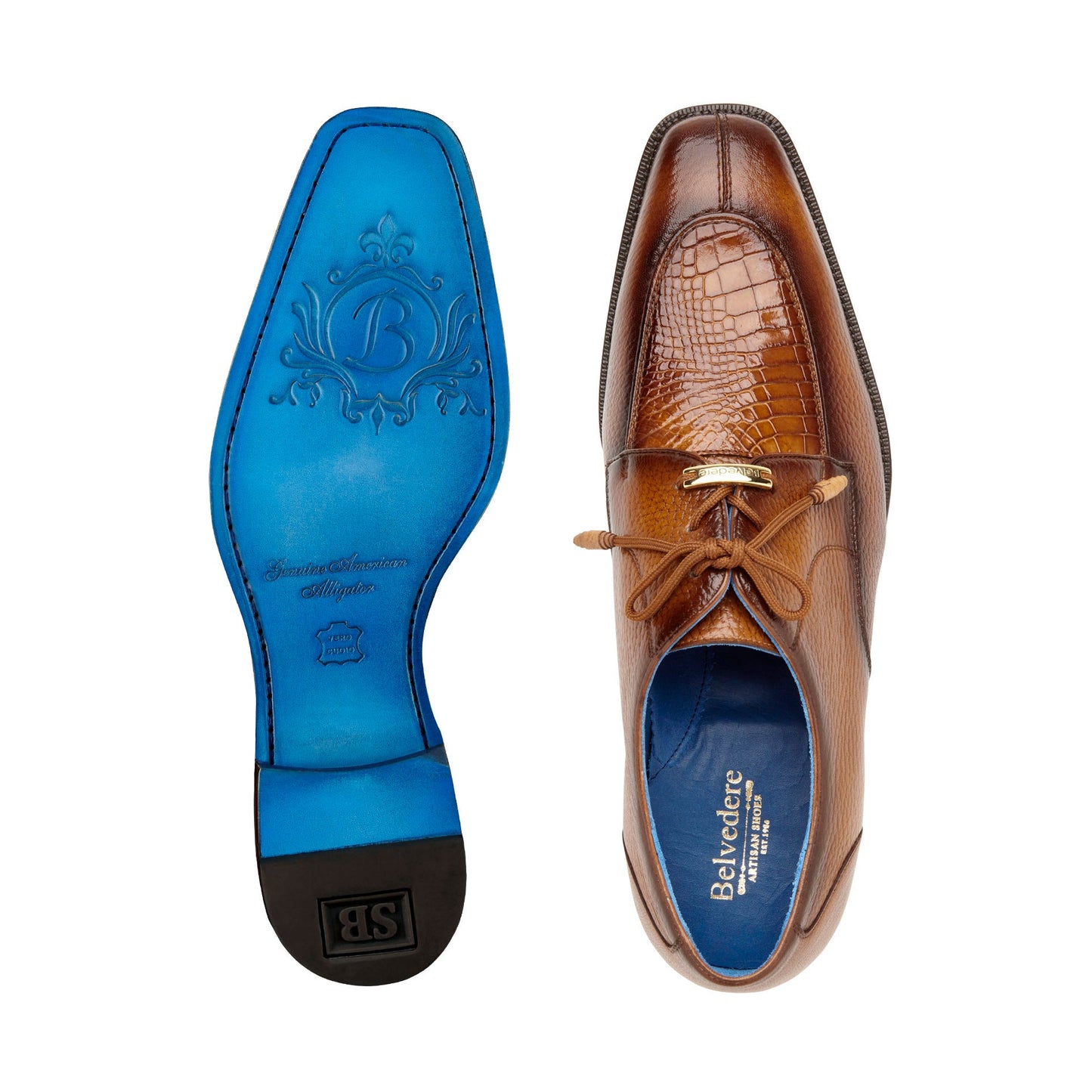 Belvedere's Primo dress shoes, made from genuine American alligator and pebble grain calf leather, showcase a textured design with laces on top, highlighted against a plain white background.