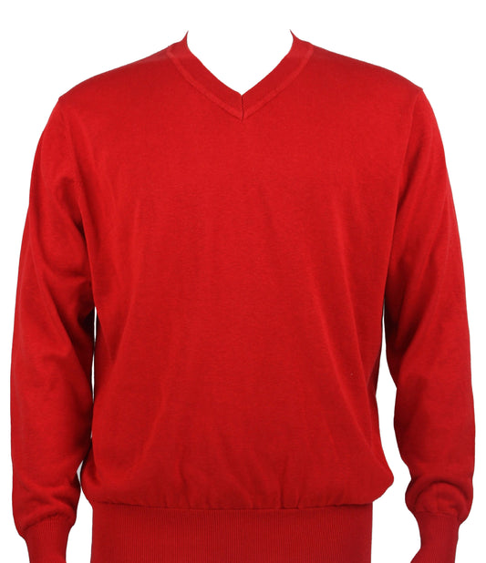 The Bassiri L/S V-Neck Red Sweater 627, featuring long sleeves and crafted from soft cotton for a modern fit, is showcased against a white background.