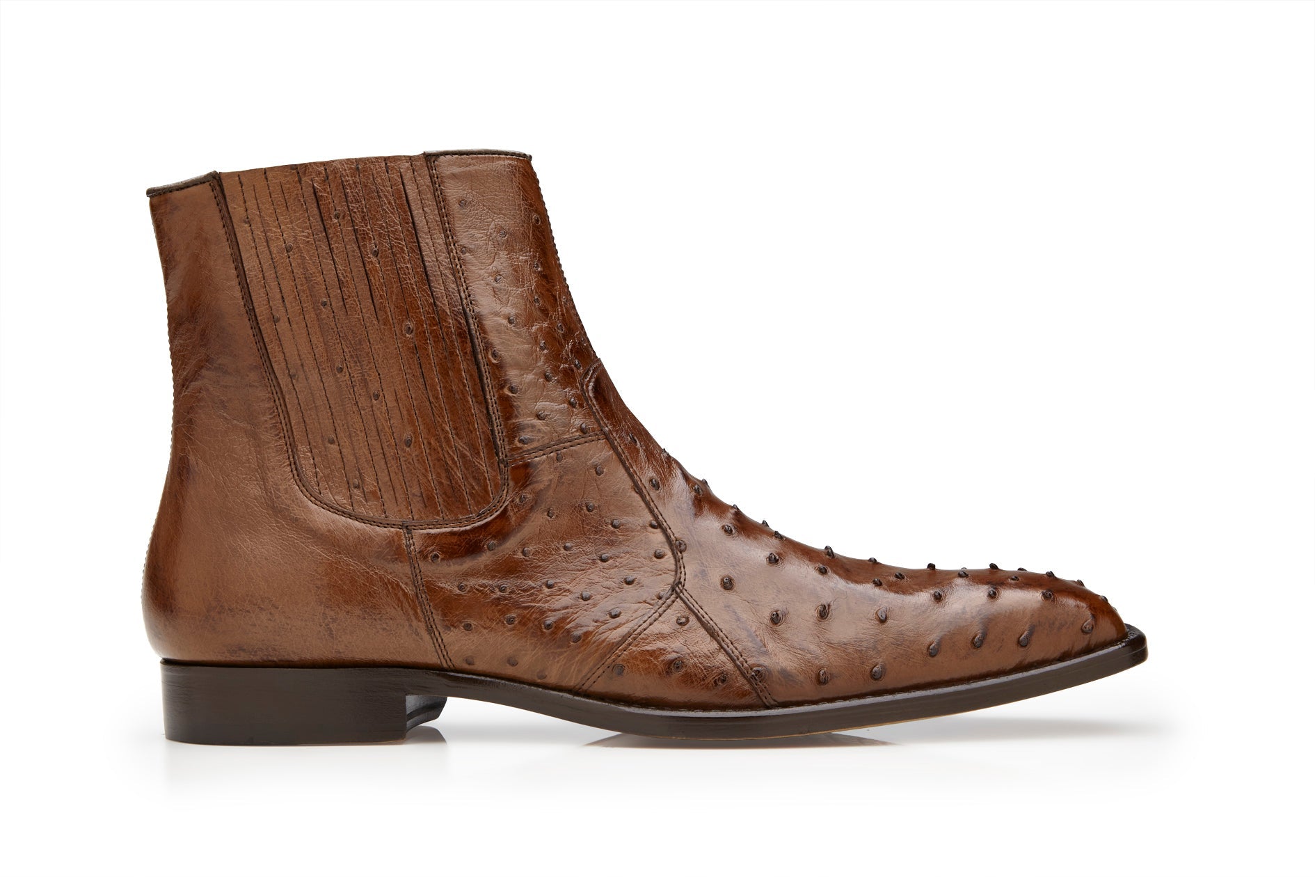 Belvedere - Roger ankle boot crafted from genuine ostrich quill leather in antique brown, featuring a luxurious leather lining and side zipper, displayed in profile on a white background.