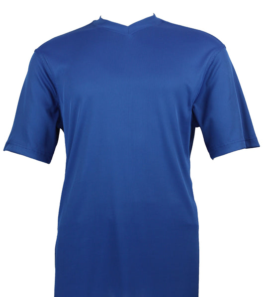 The Bassiri S/S V-Neck Royal Blue T-Shirt 219, designed with a luxurious blend of soft microfiber and spandex for added comfort, showcases a stylish V-neck. It is elegantly set against a white backdrop, bringing modern sophistication to the forefront.