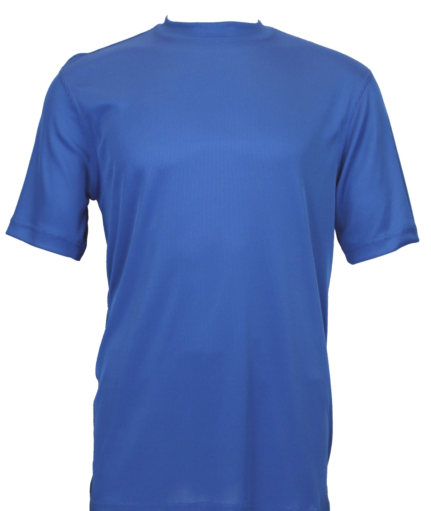 A Bassiri short-sleeve mock-neck royal blue T-shirt 218, set against a white background, crafted from a comfortable poly/spandex blend.