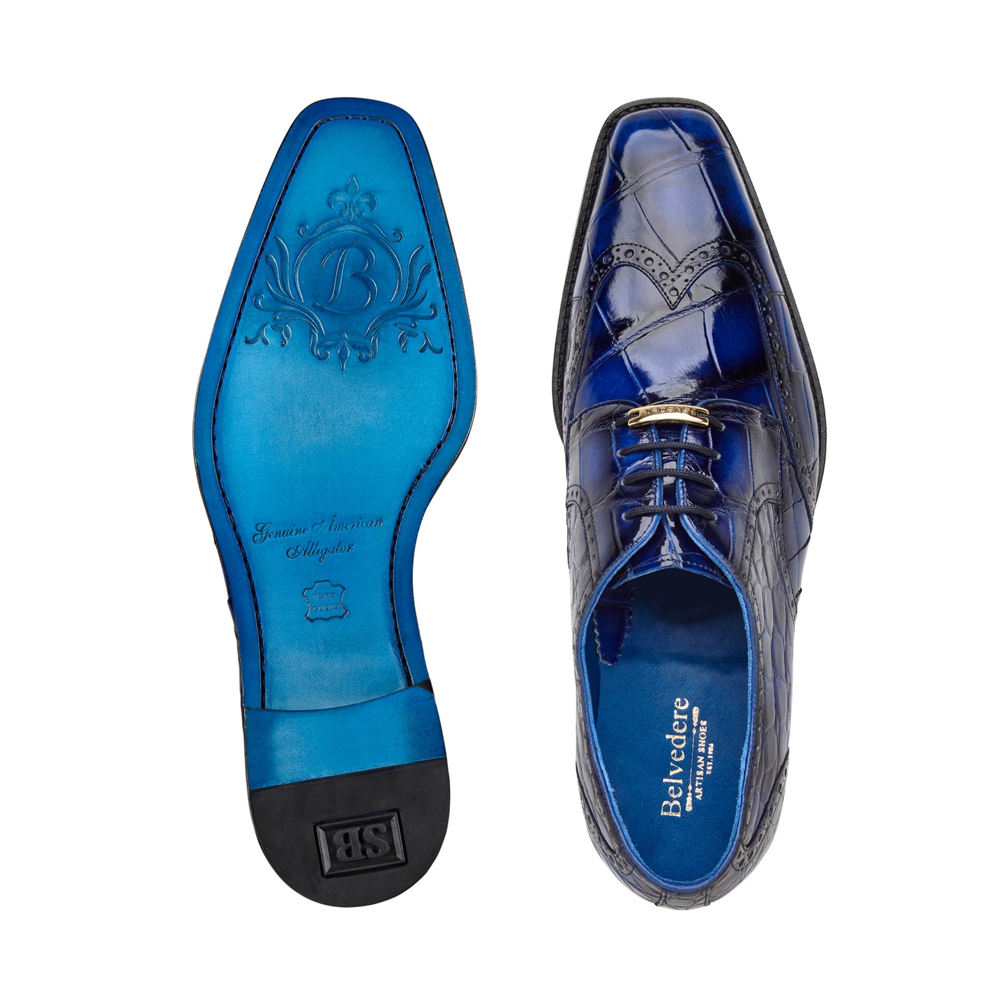 The Belvedere Santo dress shoe, made from genuine American alligator leather in antique blue, showcases classic wing-tip styling with black laces and a low heel, as seen from the side.