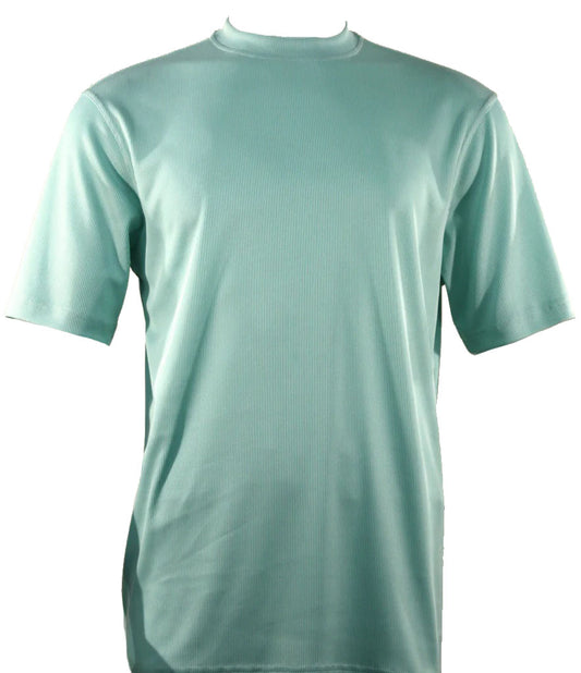 A plain, sea green BASSIRI Mock-Neck T-Shirt 218, shown against a white backdrop, provides a classic look with its relaxed comfort fit and short sleeves, ideal for a laid-back style.