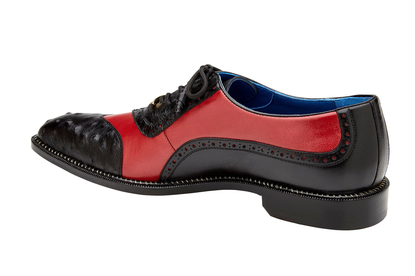 The Belvedere - Sesto, a genuine ostrich quill and Italian leather wingtip dress shoe in black and red (Style R54), is displayed from the side with its textured detailing and lace-up closure against a white background.