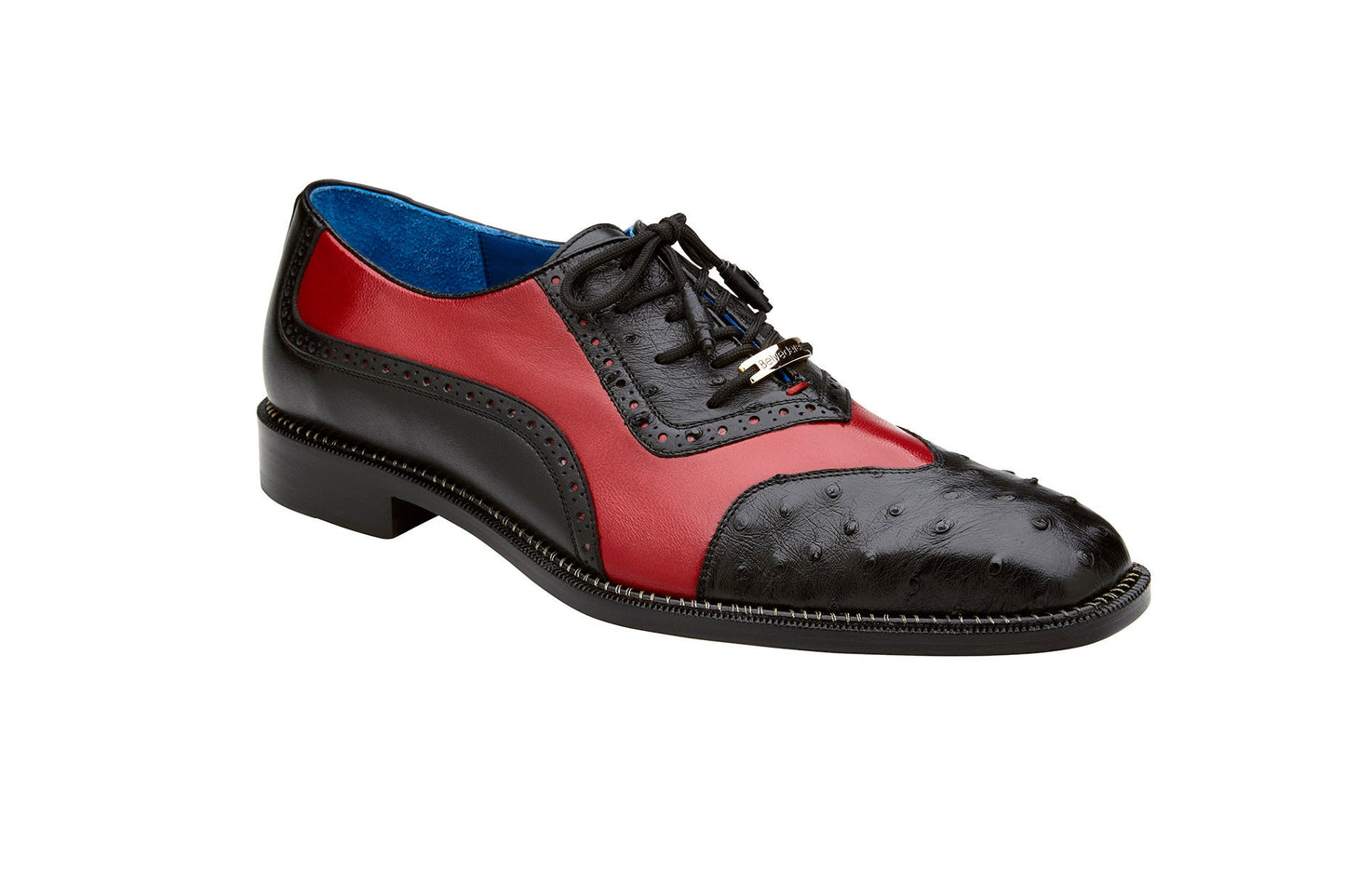 The Belvedere - Sesto, a genuine ostrich quill and Italian leather wingtip dress shoe in black and red (Style R54), is displayed from the side with its textured detailing and lace-up closure against a white background.