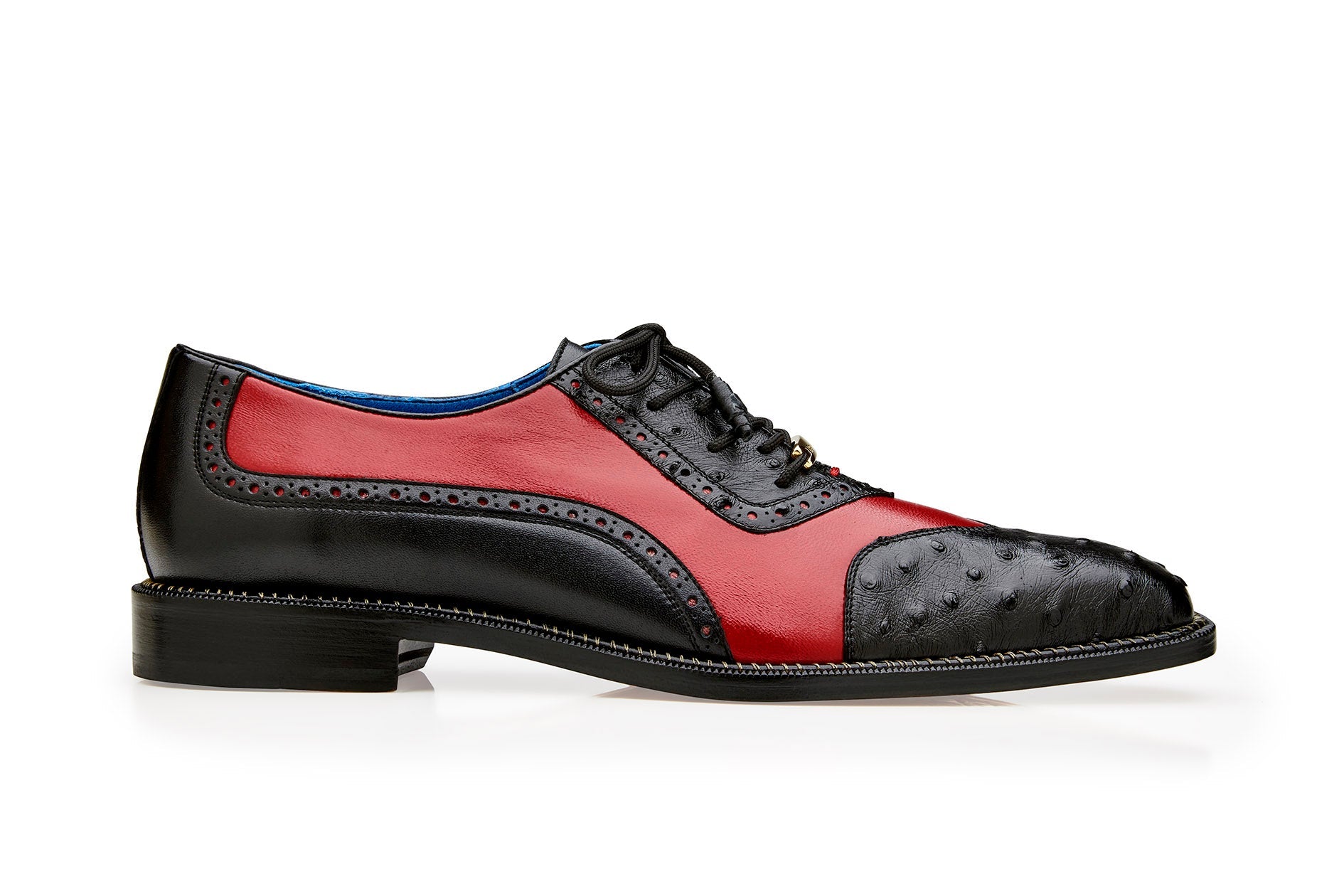 The Belvedere - Sesto, a genuine ostrich quill and Italian leather wingtip dress shoe in black and red (Style R54), is displayed from the side with its textured detailing and lace-up closure against a white background.