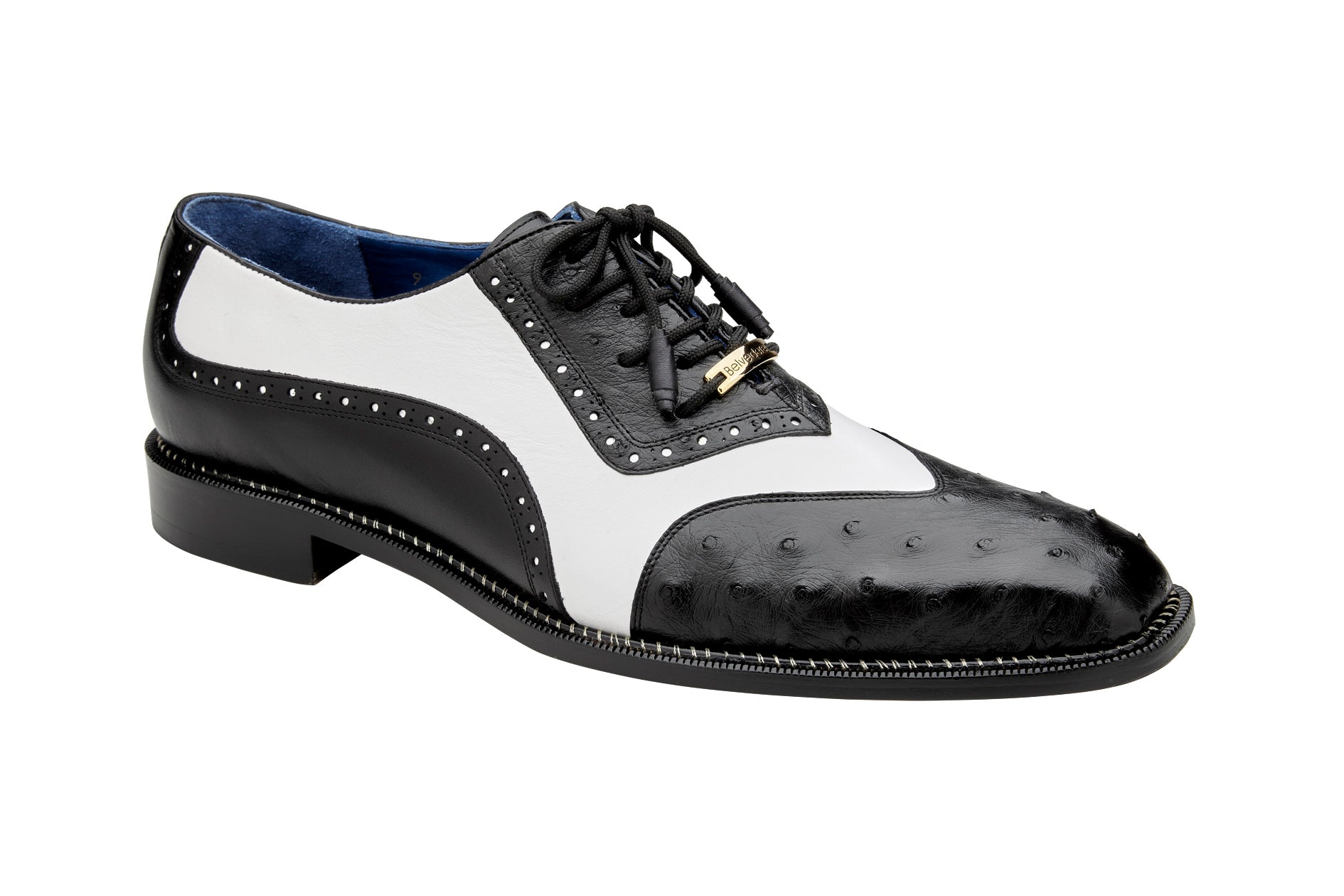 Introducing the Belvedere - Sesto by BELVEDERE: a genuine ostrich quill and Italian leather wing tip dress shoe in black and white, featuring a low heel, decorative perforations, and classic laces.