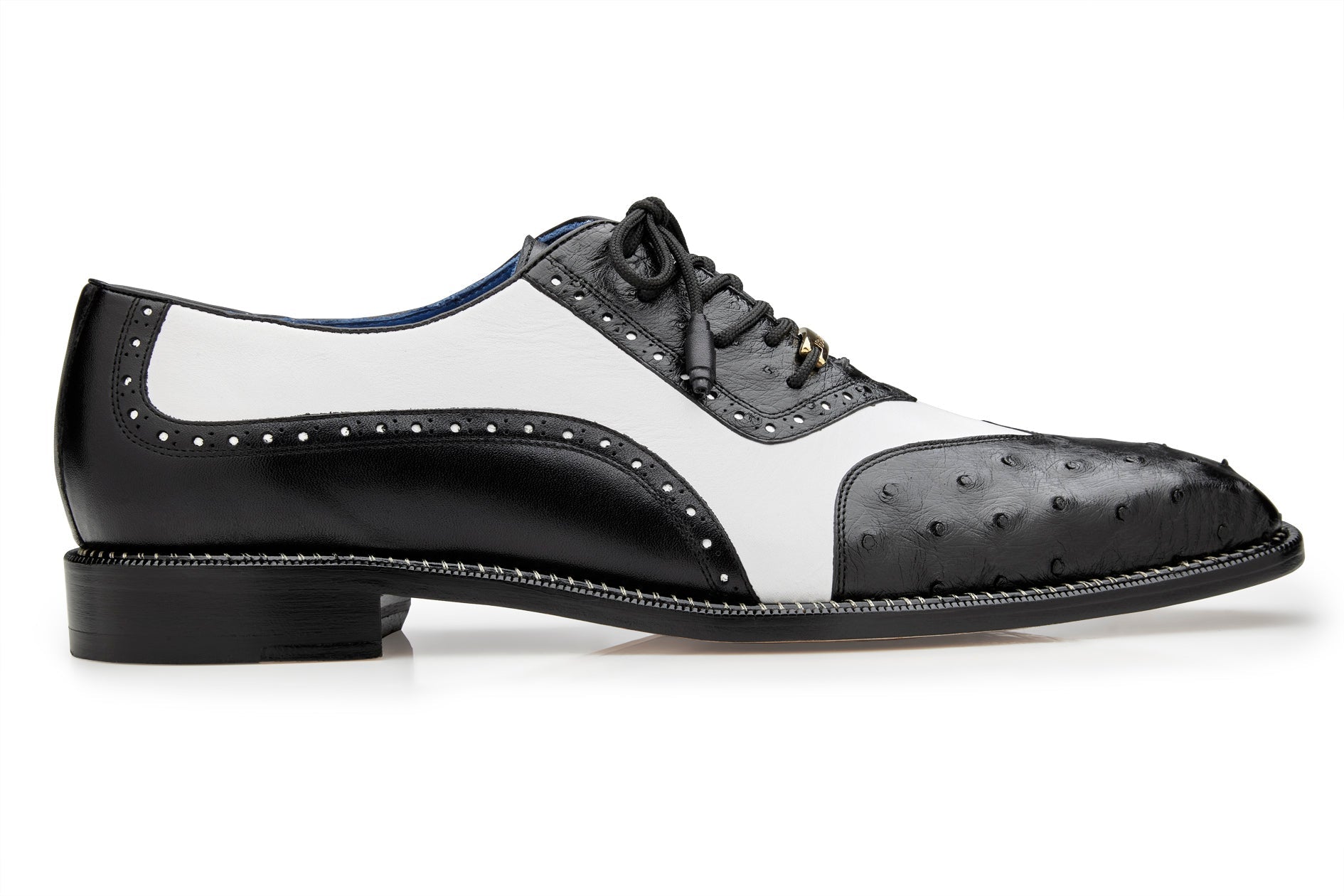 Introducing the Belvedere - Sesto by BELVEDERE: a genuine ostrich quill and Italian leather wing tip dress shoe in black and white, featuring a low heel, decorative perforations, and classic laces.