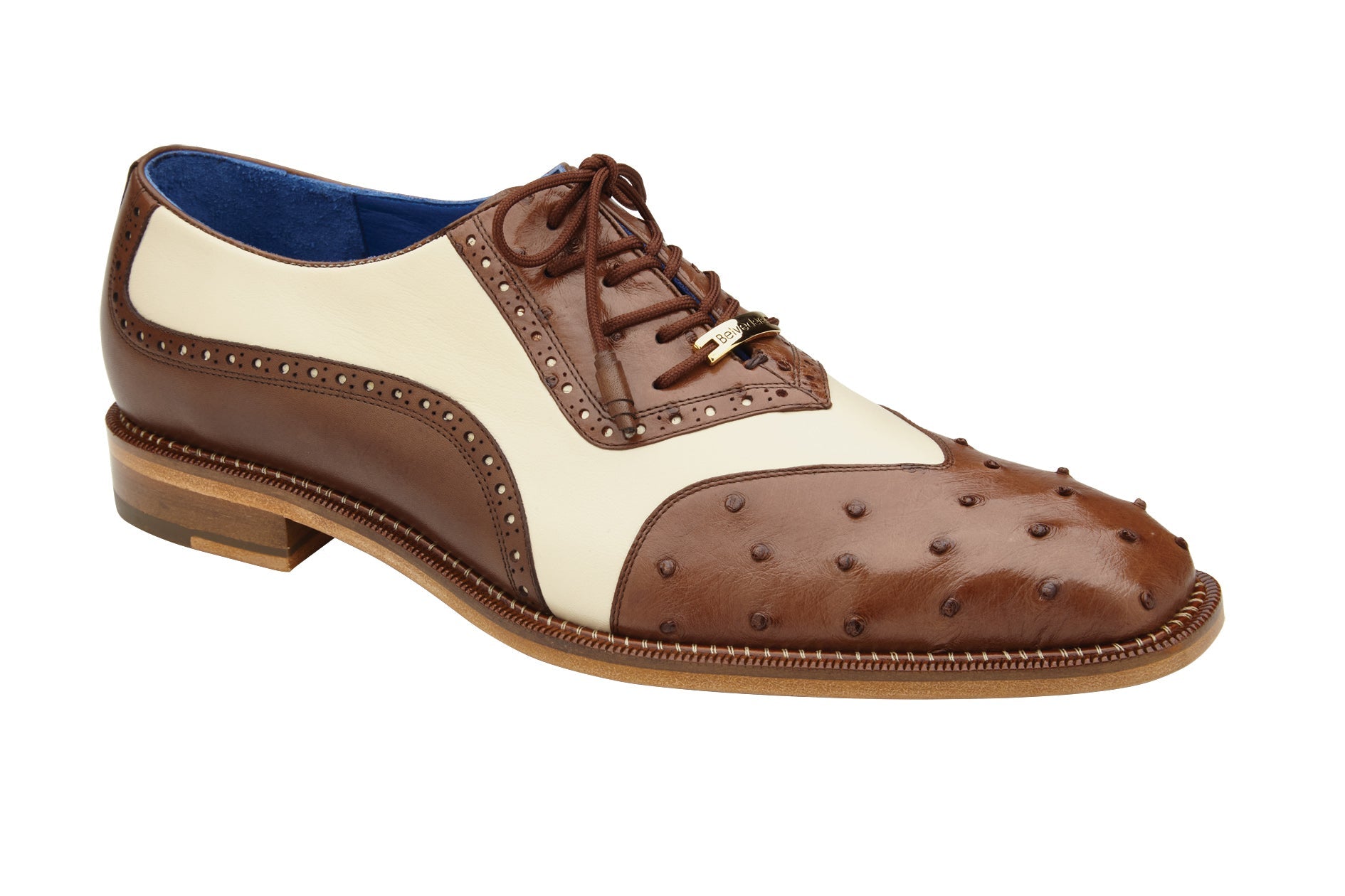 The Belvedere - Sesto dress shoe, crafted with genuine ostrich quill and Italian leather in brown and cream, showcases elegant wing tip designs with decorative studs and laces, all displayed on a white background.