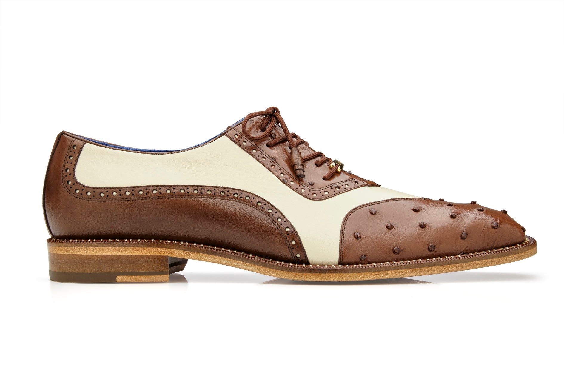 The Belvedere - Sesto dress shoe, crafted with genuine ostrich quill and Italian leather in brown and cream, showcases elegant wing tip designs with decorative studs and laces, all displayed on a white background.