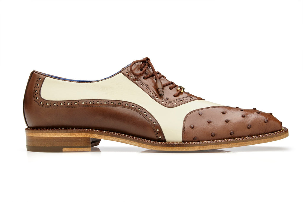 Belvedere - Sesto, Genuine Ostrich Quill and Italian Leather Wing Tip Dress Shoe - Brown/Cream - R54