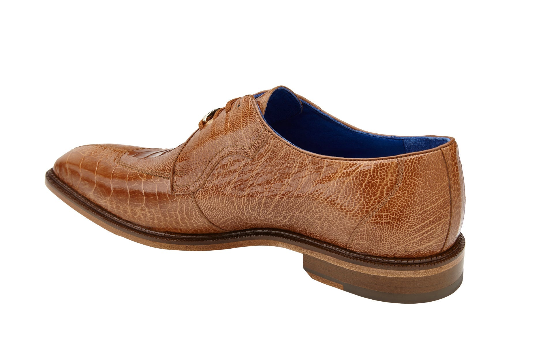 The Belvedere - Siena dress shoe features a brown ostrich leg design with a crocodile pattern and distinctive blue interior detailing, illustrated in a side view.