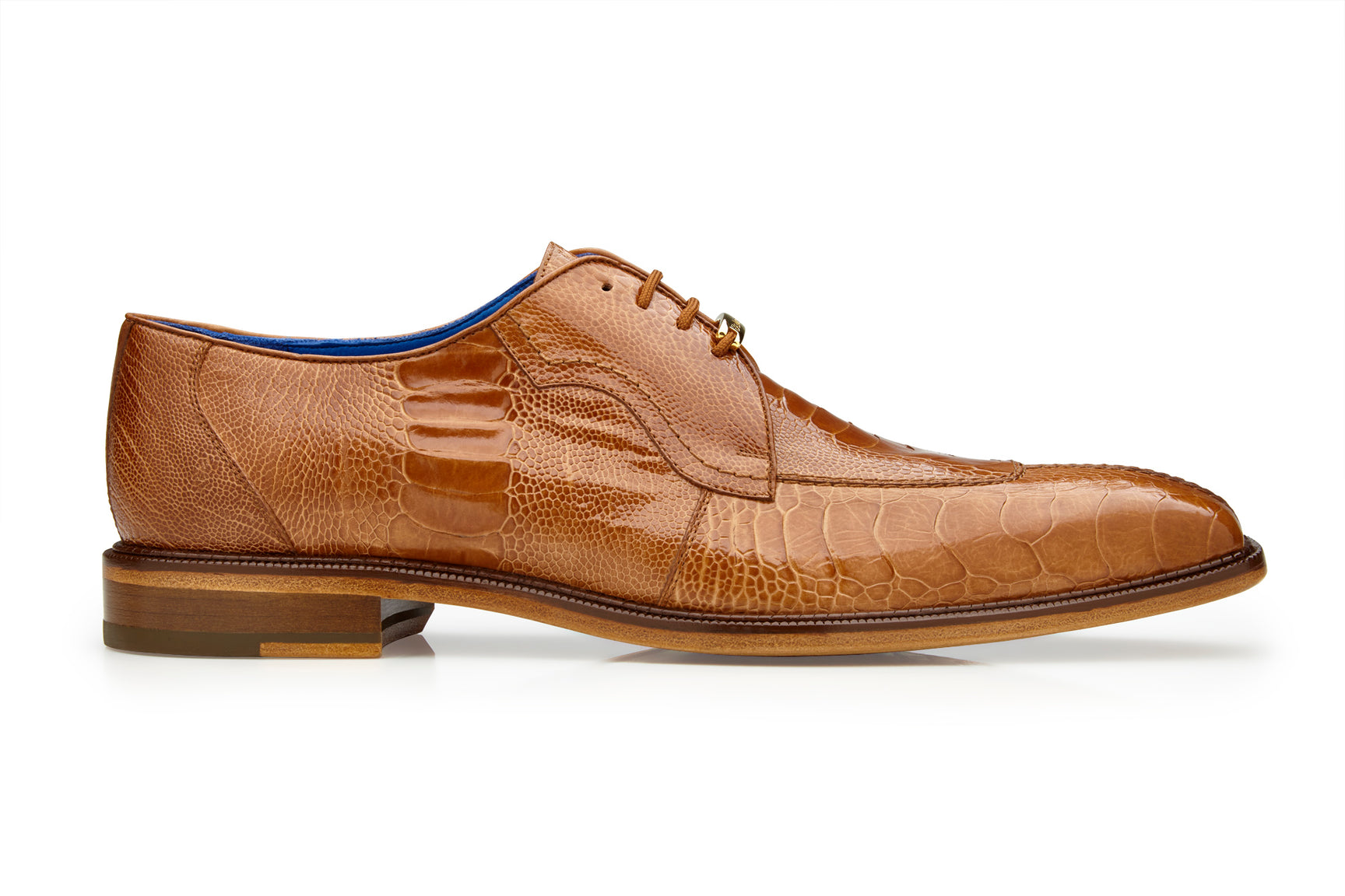 The Belvedere - Siena dress shoe features a brown ostrich leg design with a crocodile pattern and distinctive blue interior detailing, illustrated in a side view.