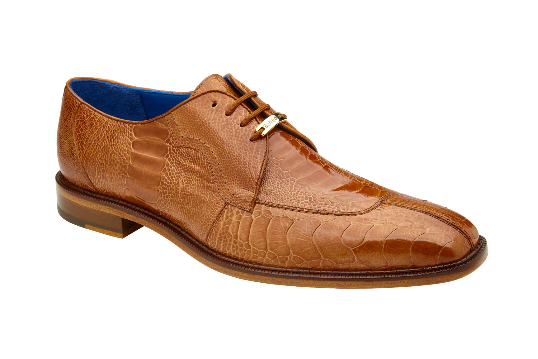 The Belvedere - Siena dress shoe features a brown ostrich leg design with a crocodile pattern and distinctive blue interior detailing, illustrated in a side view.