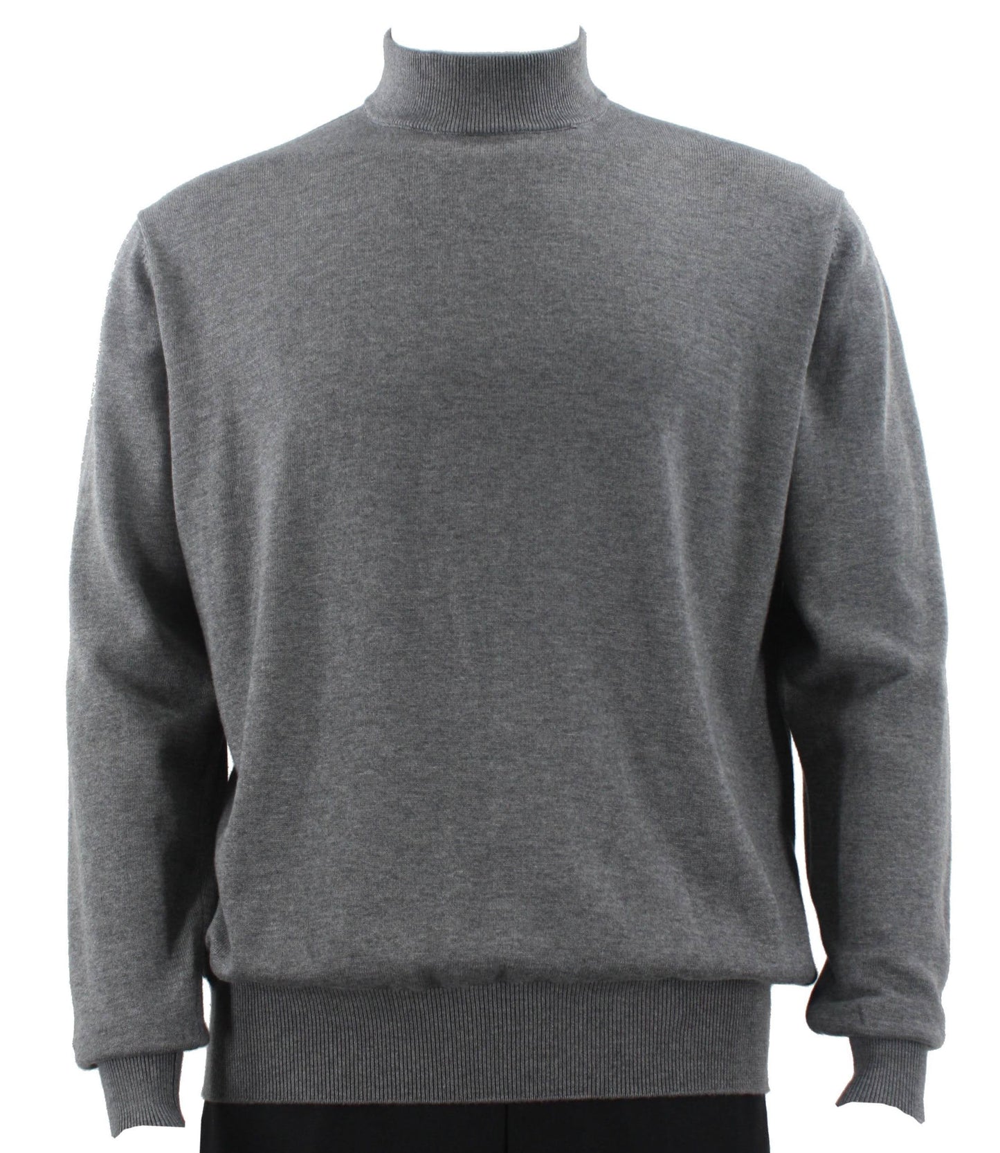 The Bassiri L/S Mock-Neck Smoke Sweater (Style #630) is shown on a mannequin against a white background, crafted from a soft blend of Tencel and cotton.