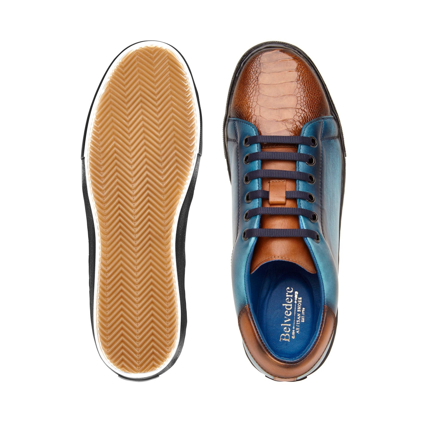 A stylish Belvedere sneaker in Antique Brandy and Antique Ocean Blue, made from genuine ostrich and soft Italian calf leather, showcasing a textured toecap, black sole, and tassel laces for added flair.