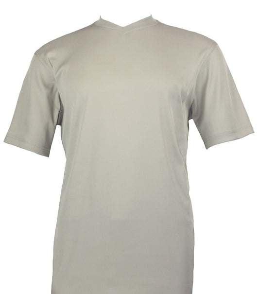 Tan V-neck T-shirt by Bassiri, featuring soft microfiber material and short sleeves for enhanced comfort. Style# 219.