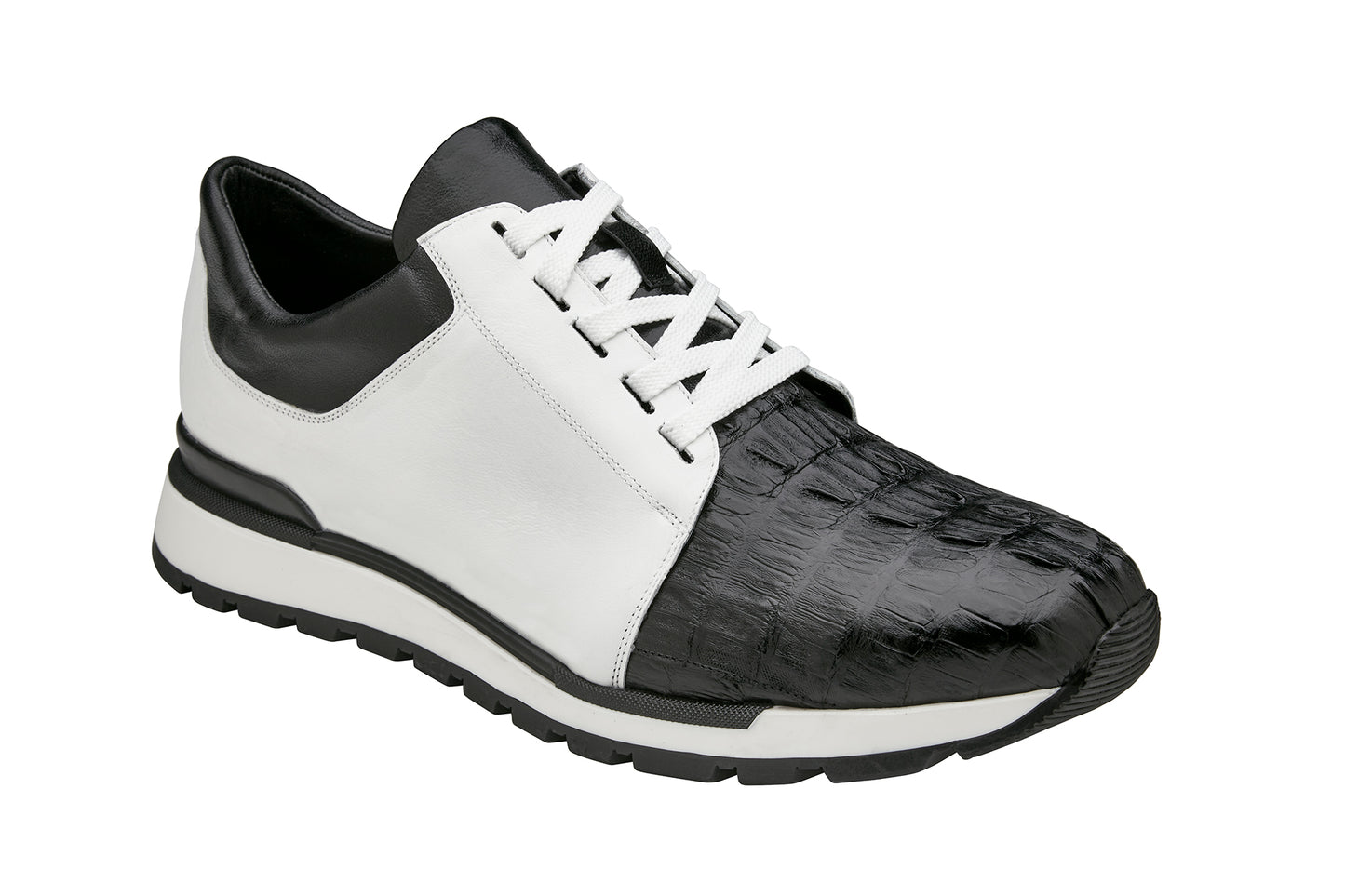 Introducing the Belvedere - Titan sneaker by BELVEDERE, crafted from genuine caiman crocodile and soft Italian calf leather in black and white. This chic footwear boasts a textured toe, smooth leather body, white laces, and a distinctive black sole.