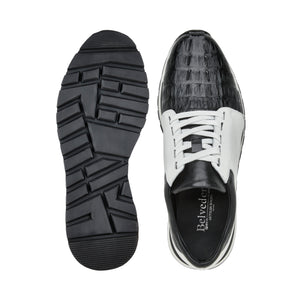 BELVEDERE TITAN Genuine Caiman Crocodile / Soft Italian Calf Shoe - Black/White 33631