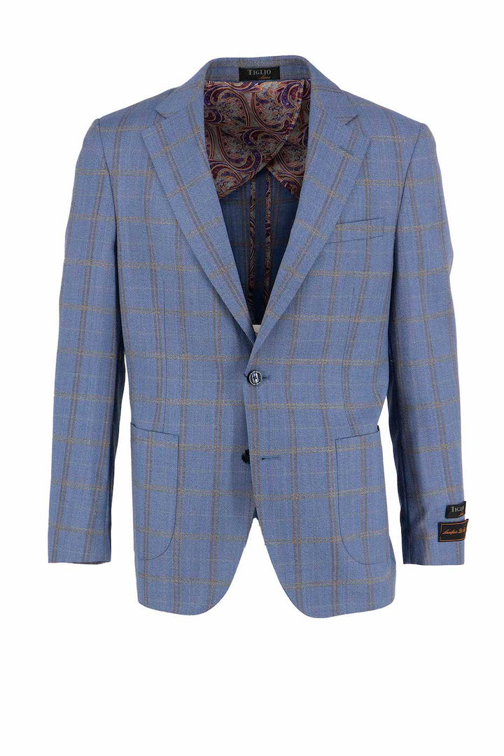 Discover the Tiglio Luxe Light Blue with Taupe Windowpane Dolcetto/THP Modern Fit Half Lined, Pure Wool Jacket TL4253. Expertly tailored with master craftsmanship, this elegant piece features notched lapels and a paisley lining. It boasts a two-button closure and three exterior pockets, offering both sophistication and exquisite Italian fabrics.