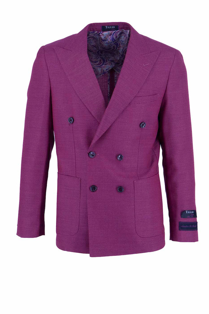 The Tiglio Luxe Dark Fuchsia Santorini THP Slim Fit Half Lined, Pure Wool Jacket TL2728 elegantly showcases sartorial traditions with its double-breasted design, adorned with black buttons and a patterned inner lining, crafted from fine Italian fabrics.