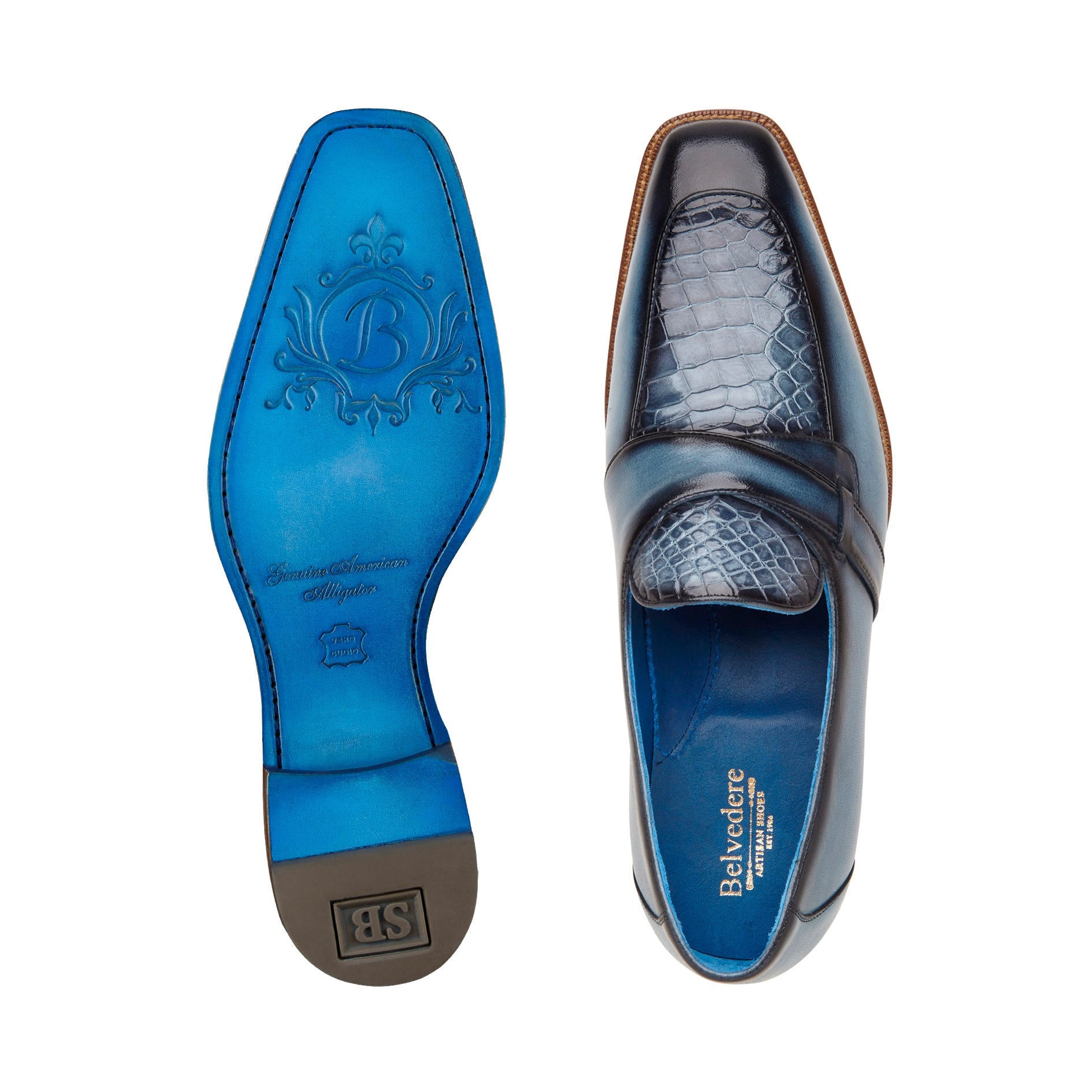 Introducing the Belvedere - Tornado, a stylish slip-on loafer crafted from Genuine American Alligator and Italian Calf leather in an antique blue jean color. This dress shoe features a textured upper and a wooden sole, beautifully showcased from the side.