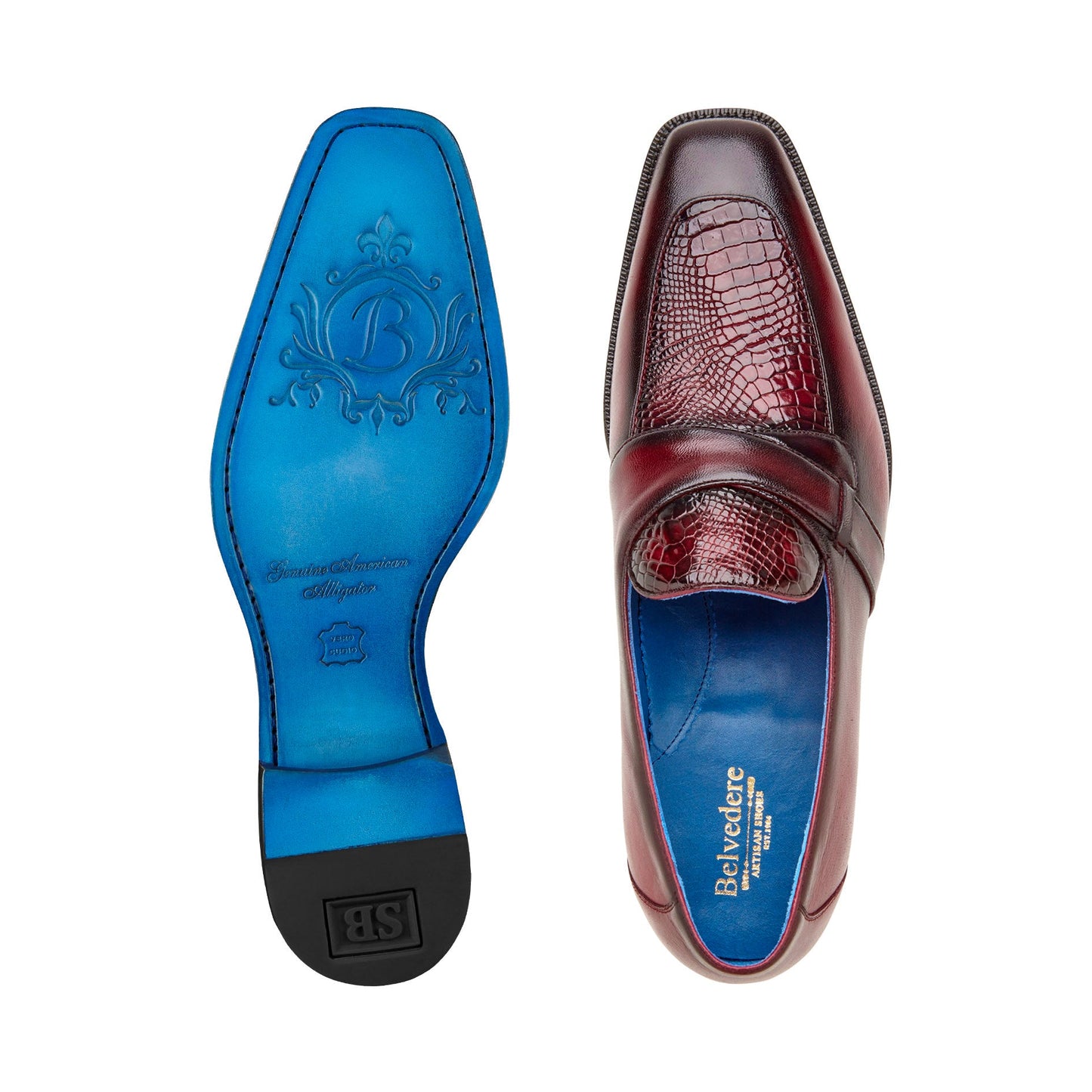 Displayed against a white background is the Belvedere - Tornado, Genuine American Alligator / Italian Calf Dress Shoe in Antique Burgundy by BELVEDERE. This slip-on loafer features a textured pattern on the top and a low heel.