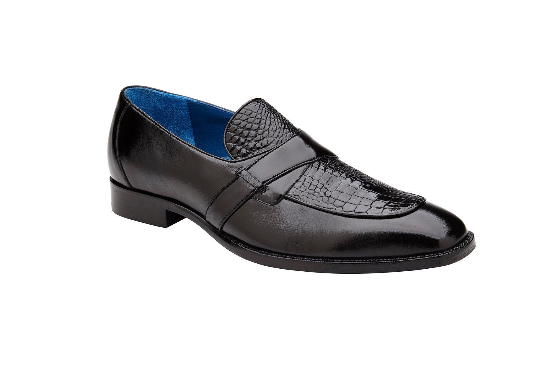 The Belvedere - Tornado dress shoe from BELVEDERE showcases a sleek design in black, combining genuine American alligator with Italian calf and featuring a pebble grain pattern on the top along with a durable leather sole.