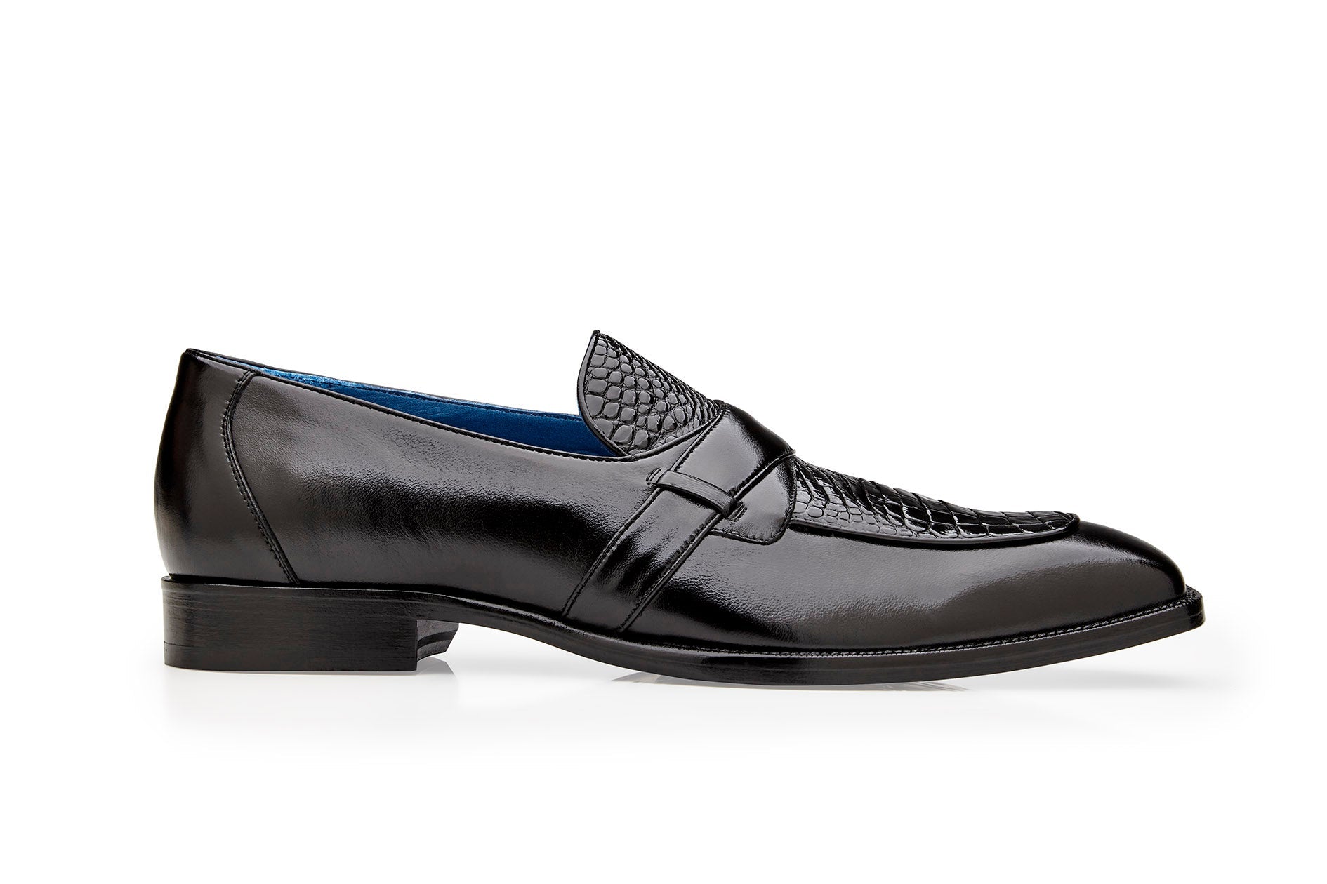 The Belvedere - Tornado dress shoe from BELVEDERE showcases a sleek design in black, combining genuine American alligator with Italian calf and featuring a pebble grain pattern on the top along with a durable leather sole.