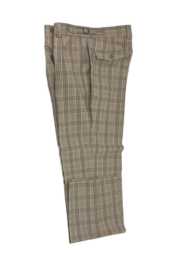 A pair of Tiglio Luxe Marbella dress pants, folded and crafted from extra fine wool in a beige with brown windowpane pattern, features belt loops, a button closure, and a single back pocket. With their semi-wide leg fit, the Tiglio Luxe TL3119 pants offer timeless elegance and comfort.