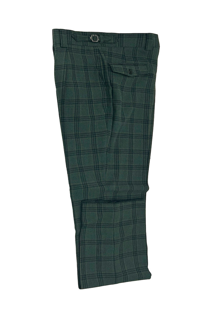 Neatly folded on a white background, the Tiglio Luxe Hunter Green with Black Windowpane Marbella Dress Pants TL3362 provide luxury and comfort with their semi wide leg design crafted from extra fine wool.