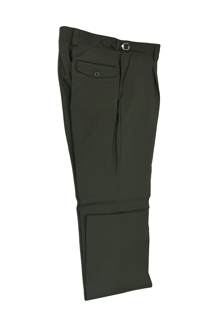 Tiglio Luxe Marbella dress pants in dark olive, crafted from extra fine wool with a semi-wide leg fit and a belt buckle, lying flat.