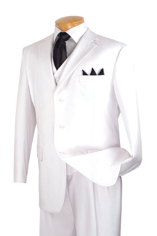 The Vinci Regular Fit Suit 3 Button 3 Piece White V-3PP from Vinci Suits, featuring a wrinkle-resistant sleek blazer, complemented by a black tie and pocket square, is elegantly displayed on a mannequin.