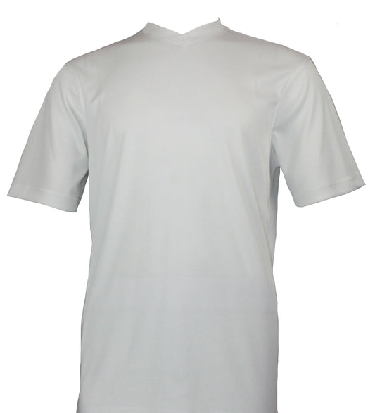 The Bassiri S/S V-Neck White T-Shirt 219, crafted by the brand Bassiri with short sleeves from soft microfiber, elegantly drapes over a mannequin.