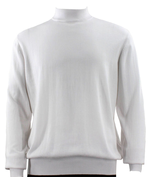 The Bassiri L/S Mock-Neck White Sweater 630, by Bassiri, is a classic long-sleeve sweater crafted from soft cotton in a plain white design.