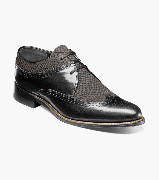 The Stacy Adams - DAYTON Python Print Wingtip Oxford in Black/Gray (model number 00626-975) is a lace-up oxford featuring python print accents and smooth Kidskin leather elements, set against a white background.