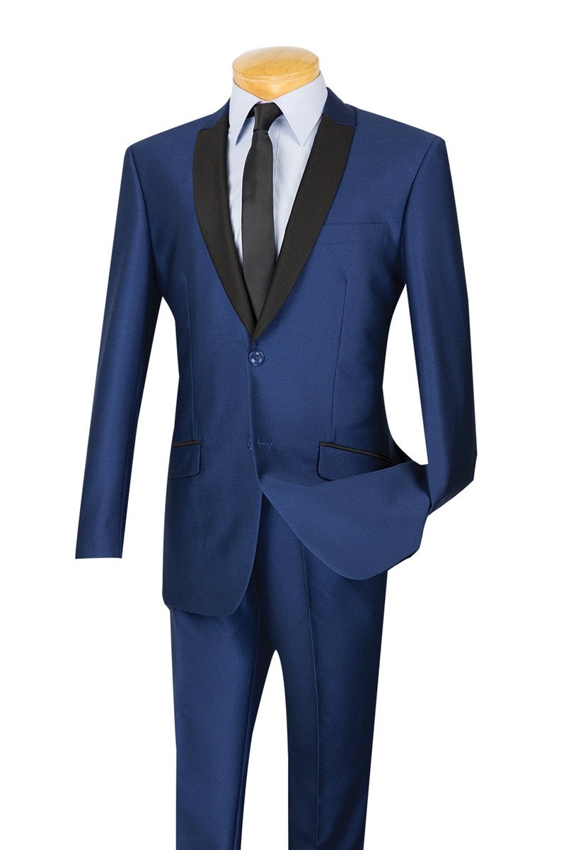 A stylish Vinci Slim Fit Shiny Sharkskin 2 Piece Suit in navy, featuring a black lapel and matching trousers, paired with a crisp white shirt and black tie from Vinci Suits, elegantly displayed on a mannequin.