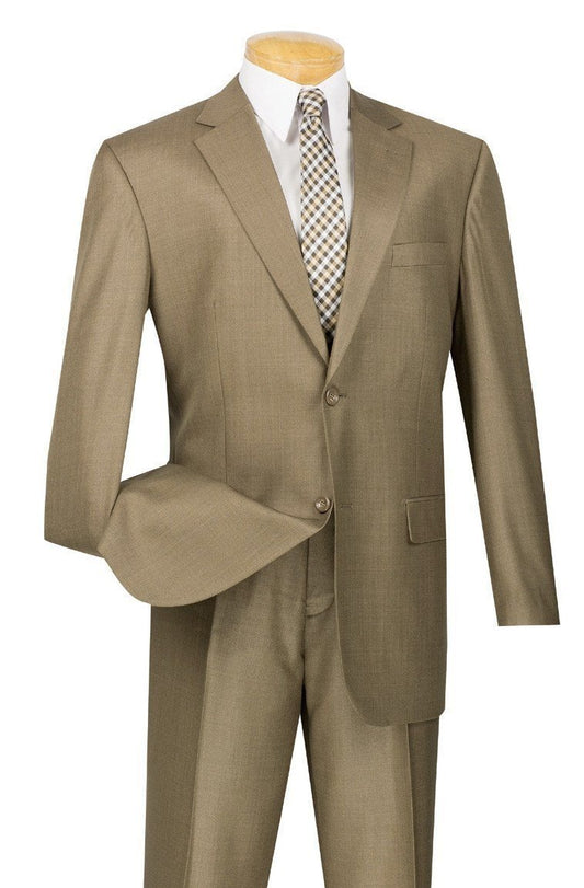 On display is the Vinci Suits ensemble, featuring the Regular Fit 2 Piece 2 Button Textured Weave Suit in taupe. The mannequin is adorned with a two-button jacket and regular fit flat front pants. Completing this sophisticated look is a checkered tie and the suit's textured weave adds depth to the overall appearance.