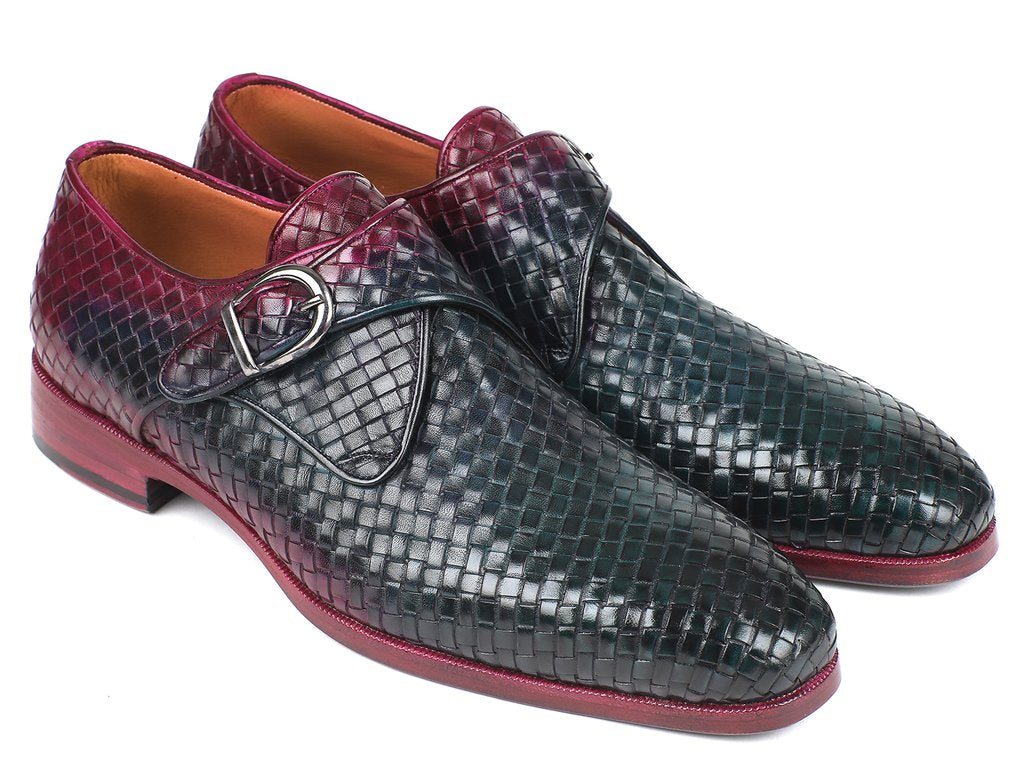 Introducing the Paul Parkman Purple & Green Woven Leather Single Monkstraps, a pair of handmade shoes from Paul Parkman featuring a bold combination of green and burgundy leather with red soles.