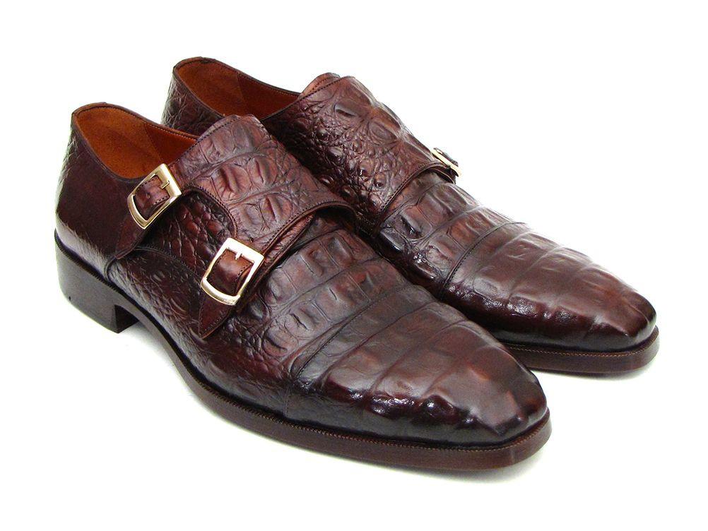 The Paul Parkman Double Monkstraps Brown & Bordeaux Crocodile Embossed Calfskin - 045FG12 shoes are handmade and feature elegant silver buckles.