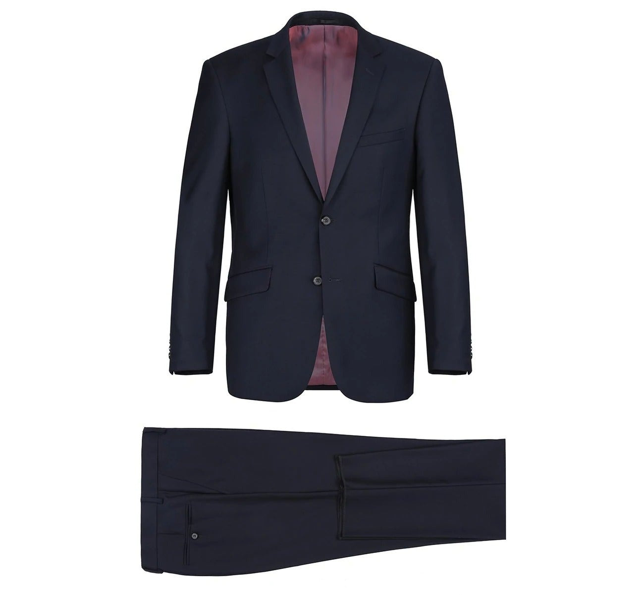 Discover the sophistication of the Alessandro Vitello by Renoir Dark Navy 2-Piece Classic Fit Wool Suit. This elegant ensemble showcases a timeless twill weave and includes a single-breasted jacket with two buttons, a notch lapel, and matching pants. The suit also features a stylish pink-lined interior for an extra touch of flair.