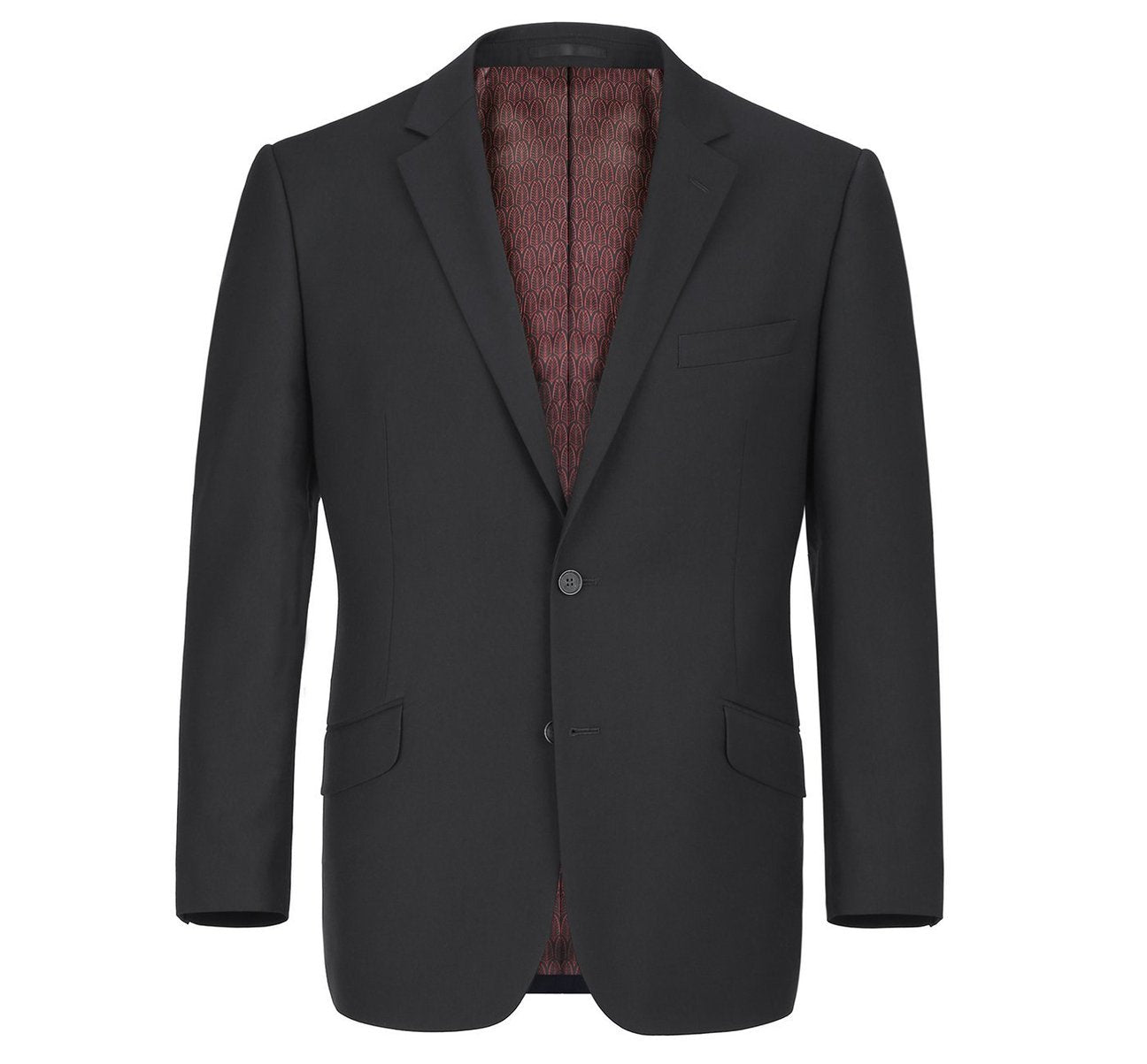 The Alessandro Vitello by Renoir Slim Fit Solid Notch Lapel 2-Piece Suit 2110-1, featuring a sophisticated dark single-breasted jacket with notch lapels and two buttons, is paired with matching trousers and displayed flat against a white background. This Renoir ensemble is perfect for office wear, exuding both sophistication and style.