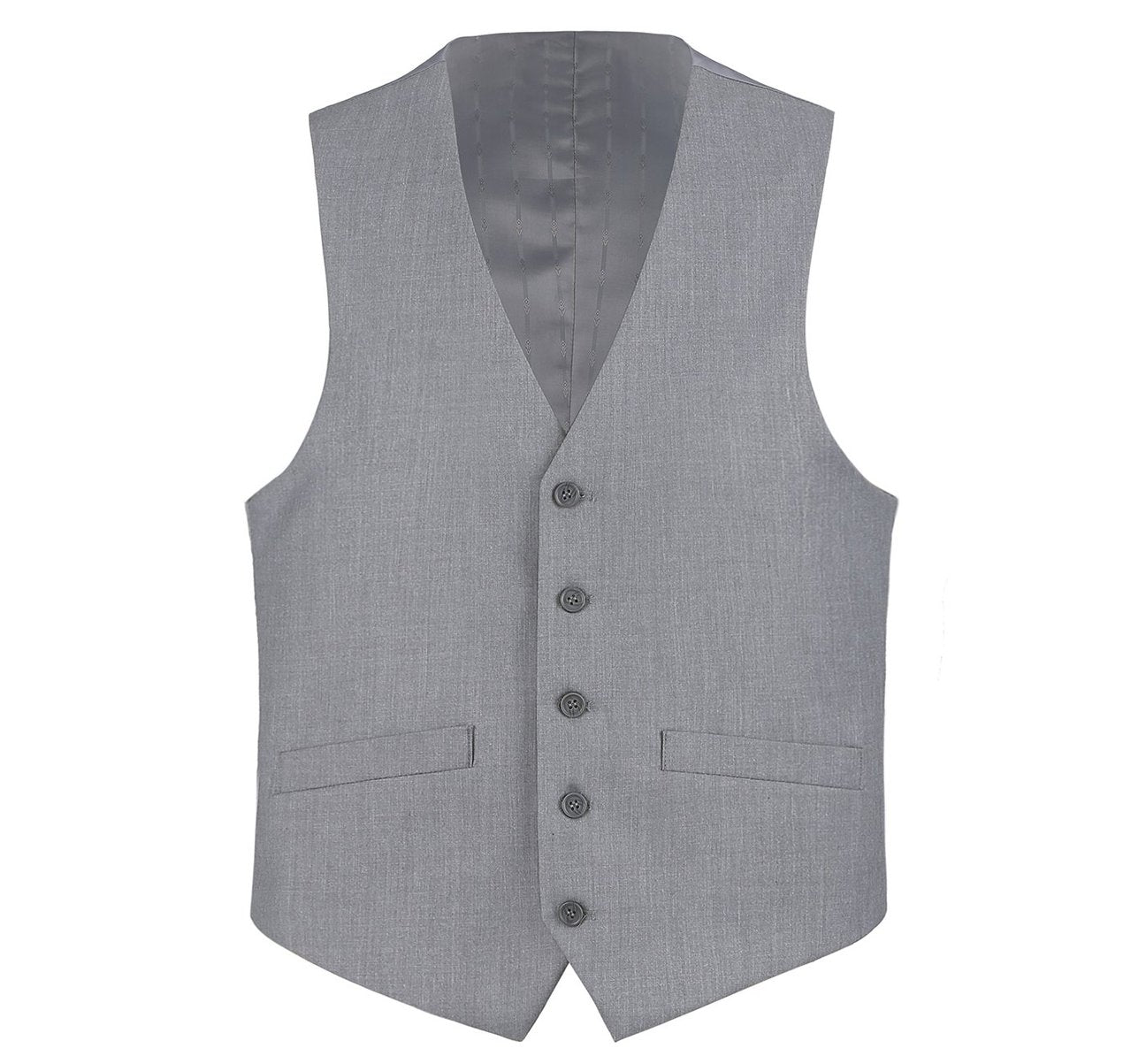 A man dressed in an Alessandro Vitello by Renoir Grey Button Formal Suit Vest over a striped shirt and patterned tie, with his hands in his pockets. This regular fit suit waistcoat, crafted from a polyester viscose blend by Renoir, combines comfort and style.