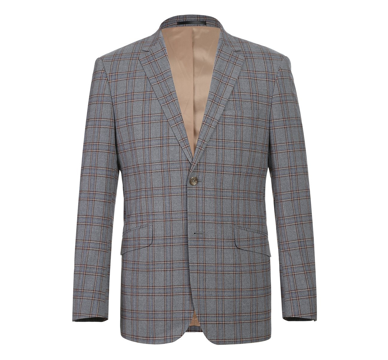 The Alessandro Vitello by Renoir Two Piece Slim Fit Stretch Windowpane Check Dress Suit 293-7, with a sleek single-breasted blazer and coordinated pants, is elegantly showcased against a white background.