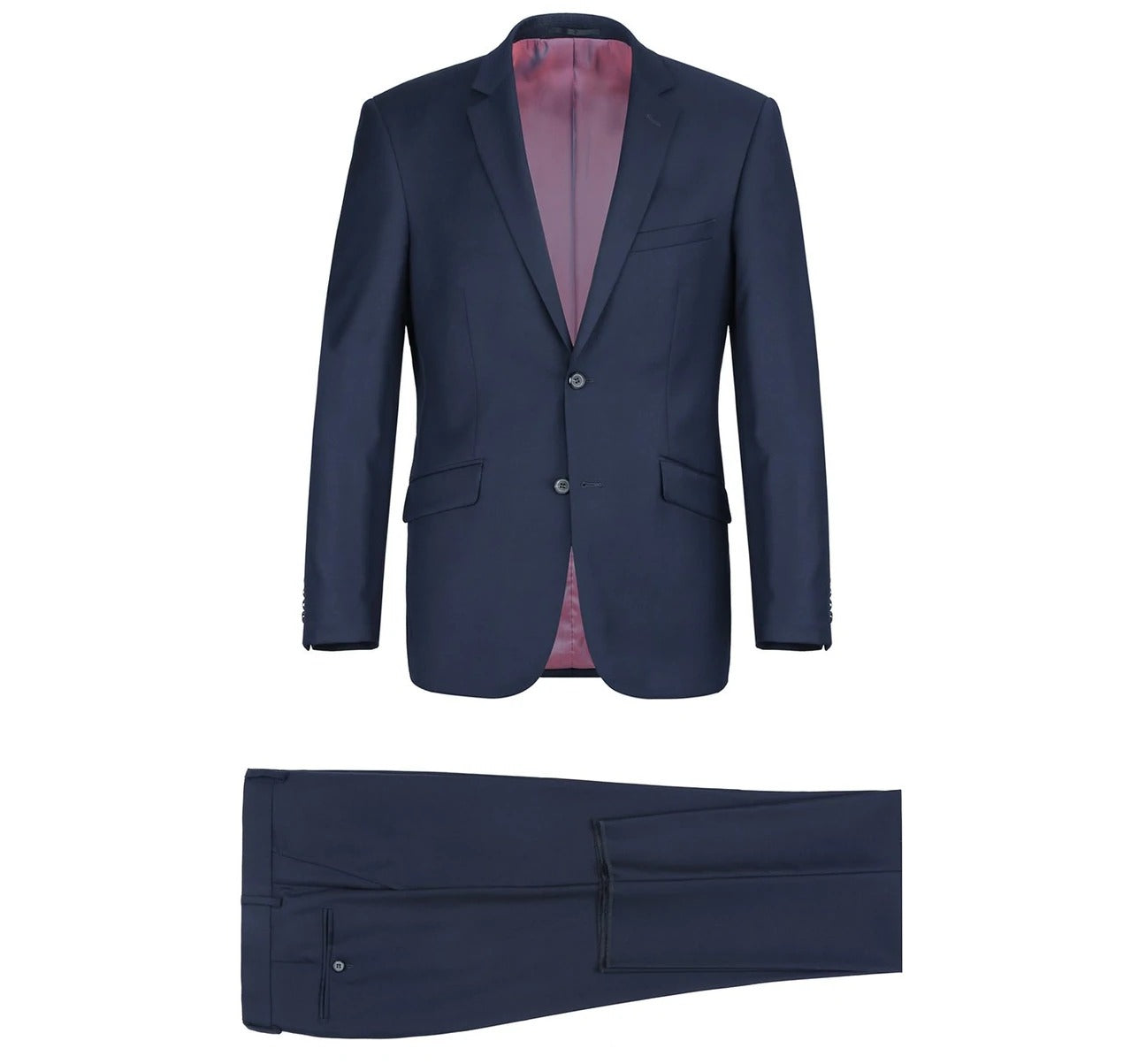 Introducing the Alessandro Vitello by Renoir, a navy 2-piece slim fit suit crafted from 100% wool. This sophisticated ensemble features a notch lapel with a two-button blazer and matching pants. Its twill weave offers an elegant texture, complemented by a stylish pink interior lining for added contrast.