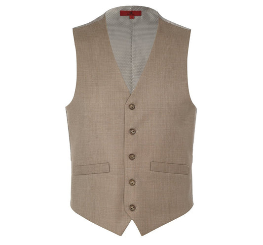 The Alessandro Vitello by Renoir Taupe Button Formal Suit Vest is a men's waistcoat made from polyester viscose fabric. It features a V-neck, five buttons, and two front pockets, offering a regular fit for classic formal attire. Displayed on a white background, this vest combines style with the quality associated with the Renoir brand.