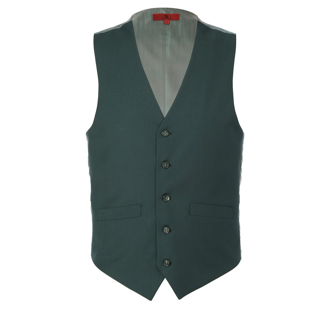 The Alessandro Vitello by Renoir Green Business Suit Vest, model 201-9, is a regular fit waistcoat crafted from a polyester-viscose blend. It features five buttons and two front pockets, making it an excellent choice for any sophisticated occasion.